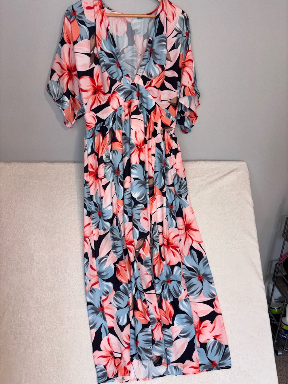 EUC! Floral Maxi Dress in Coral & Blue wedding date boho chic Size XL